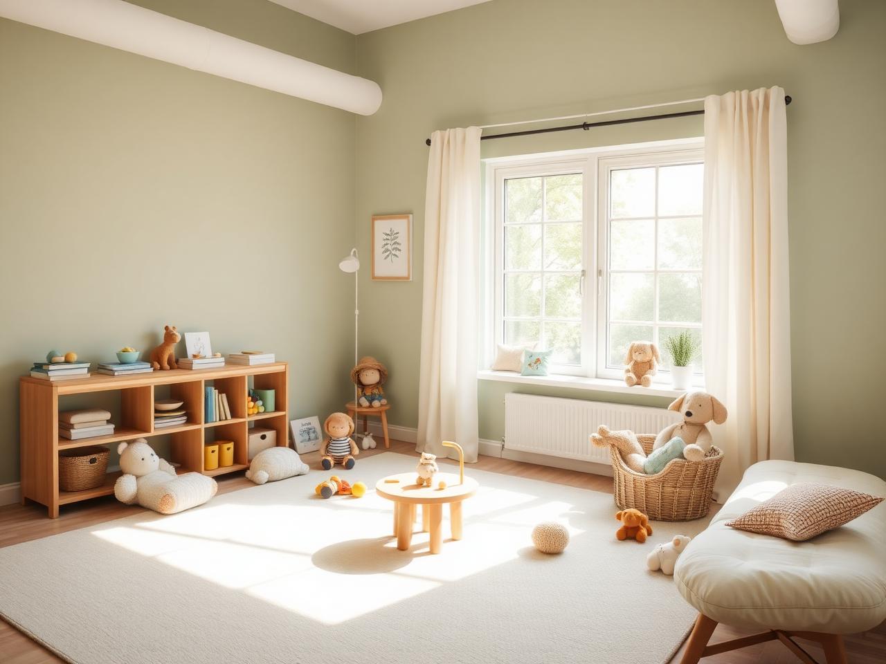 Calm, sunlit child therapy room with toys and books